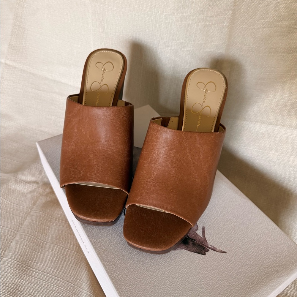 Jessica Simpson Cognac Brown Leather Open-Toe Slide Mules